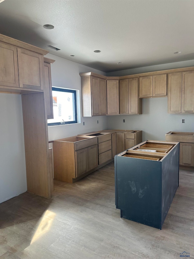 kitchen with light wood-type flooring and a textured ceiling