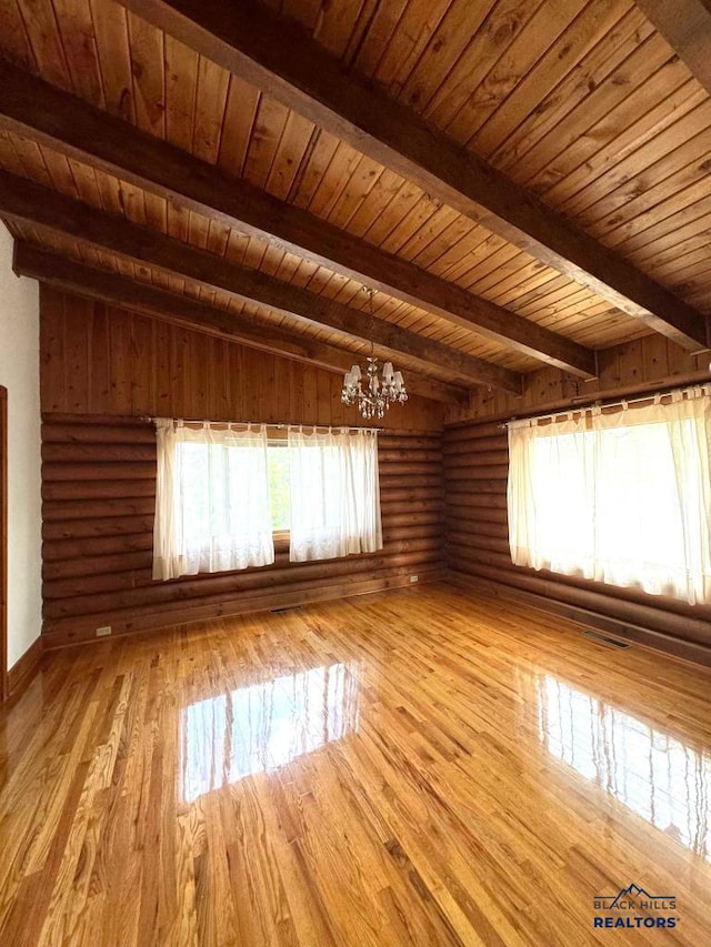 unfurnished living room with wood ceiling, lofted ceiling with beams, a chandelier, and light hardwood / wood-style floors