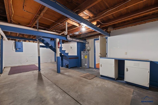 914 Kingsbury St, Belle Fourche, SD 57717 - unfinished below grade area with water heater, electric panel, and stairs