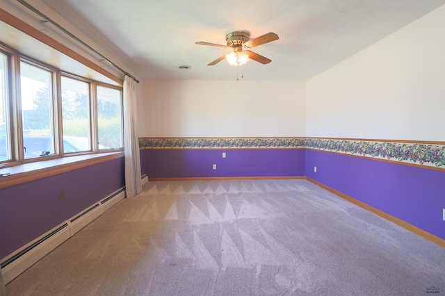 carpeted spare room featuring ceiling fan and baseboard heating