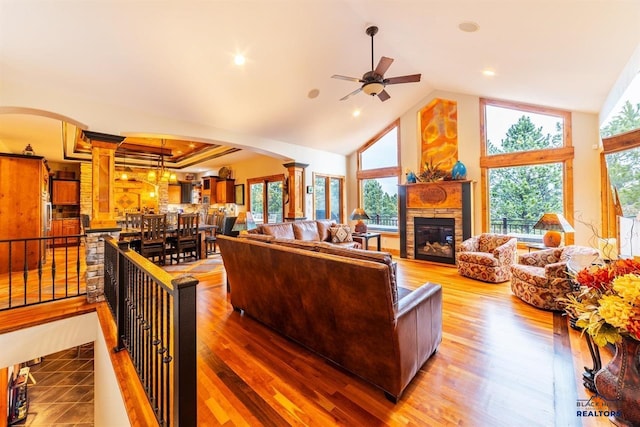 living room featuring decorative columns, a wealth of natural light, and wood-type flooring