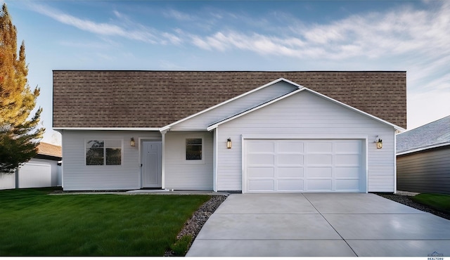 single story home with a front lawn and a garage