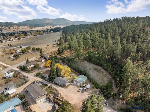 drone / aerial view featuring a mountain view and a wooded view