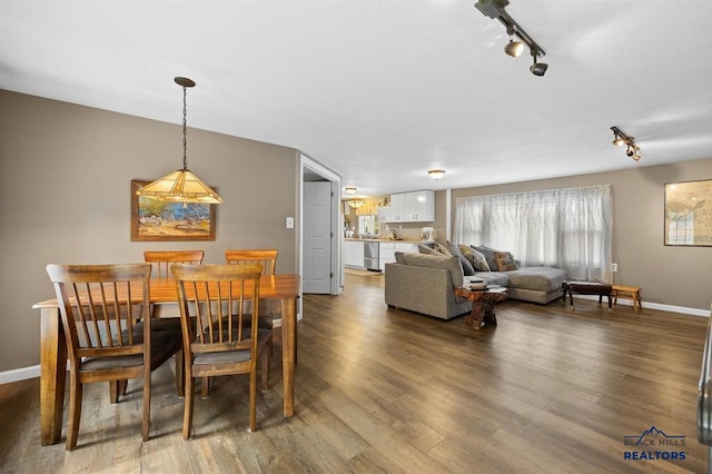 dining room with hardwood / wood-style flooring and track lighting