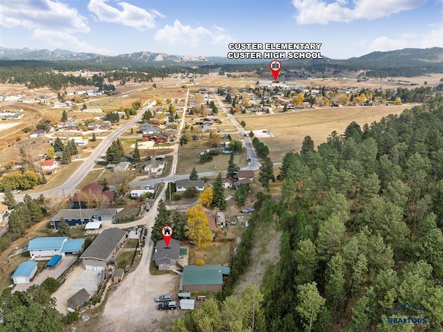 birds eye view of property with a mountain view