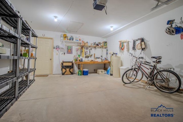 garage featuring a workshop area and a garage door opener