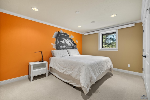 bedroom featuring crown molding and light colored carpet