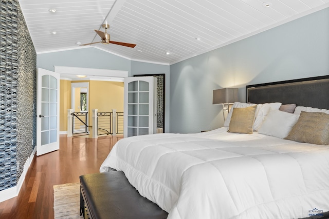 bedroom featuring lofted ceiling, hardwood / wood-style flooring, wooden ceiling, and ceiling fan