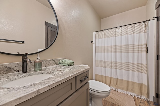 bathroom with vanity, toilet, and curtained shower