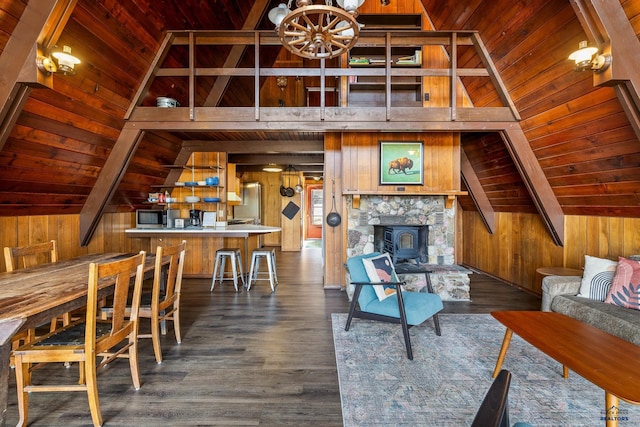 living area with wooden walls, dark wood finished floors, and wooden ceiling