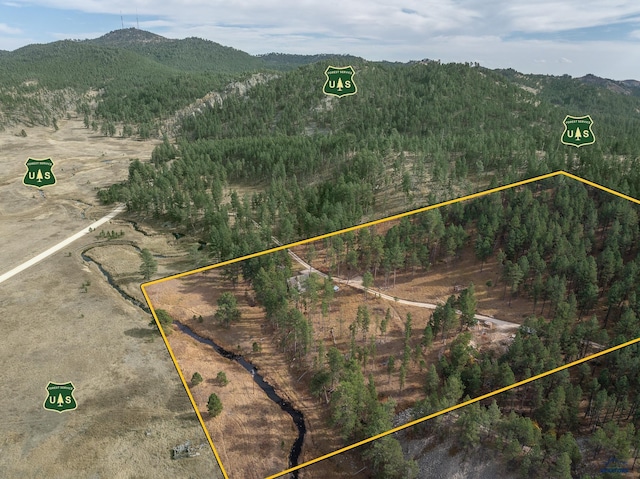 aerial view with a mountain view and a wooded view