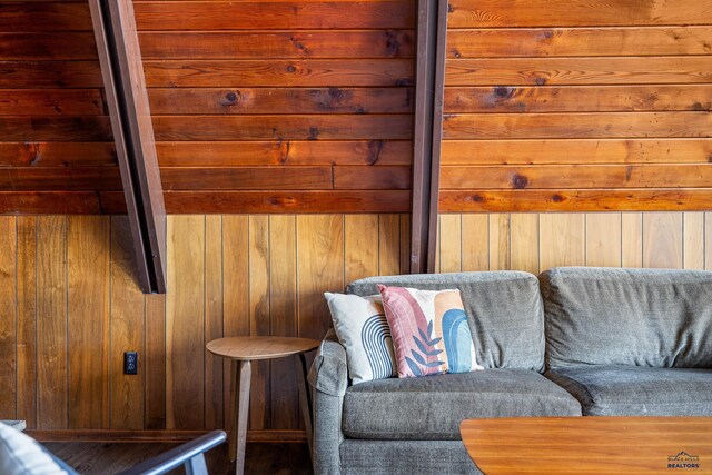 living area with wood walls