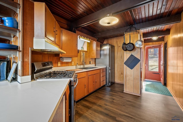 kitchen featuring gas range, beam ceiling, wooden ceiling, dark hardwood / wood-style flooring, and wood walls