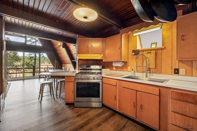 kitchen with wooden ceiling, wood walls, dark hardwood / wood-style floors, stainless steel range with gas cooktop, and sink