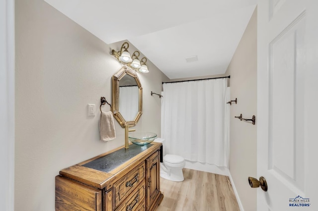 bathroom featuring vanity, hardwood / wood-style flooring, and toilet