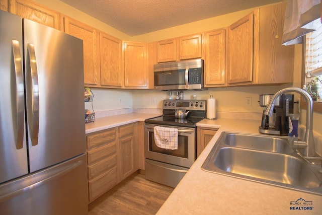 kitchen with sink, appliances with stainless steel finishes, a textured ceiling, and light wood-type flooring