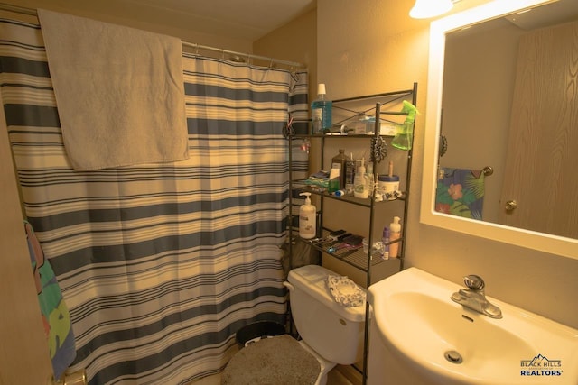 bathroom with sink, a shower with curtain, and toilet