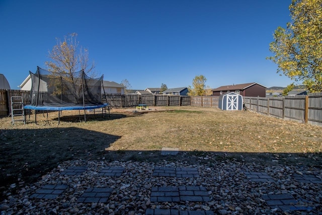 view of yard with a shed and a trampoline