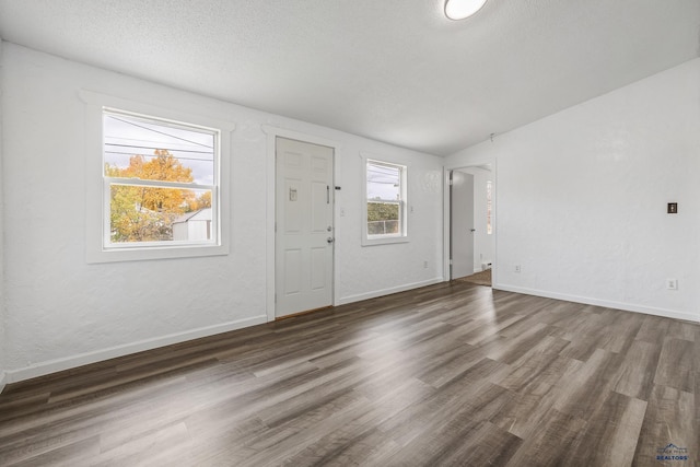 entryway with a textured ceiling, dark wood-type flooring, and vaulted ceiling