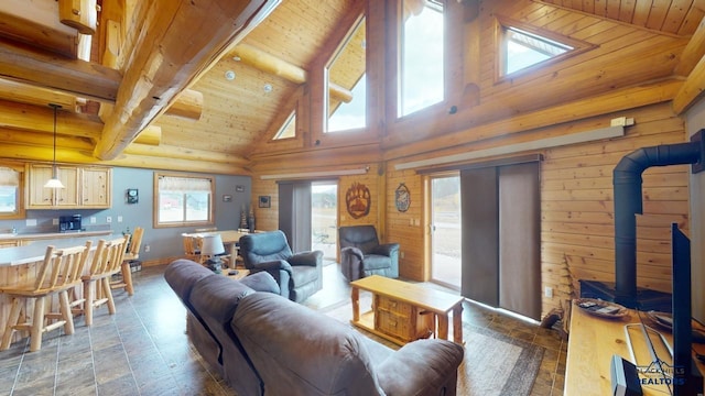 living area featuring high vaulted ceiling, beam ceiling, wooden ceiling, and a wood stove