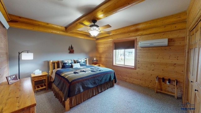 bedroom featuring carpet floors, a wall unit AC, beamed ceiling, and wood walls