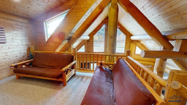 living area with carpet floors, log walls, wooden ceiling, and lofted ceiling with beams