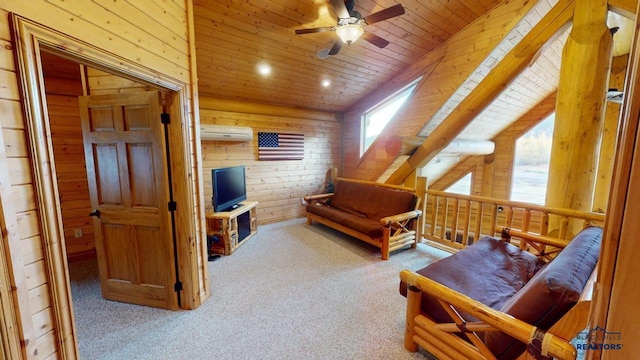 interior space featuring vaulted ceiling, carpet, a wall unit AC, and wooden ceiling