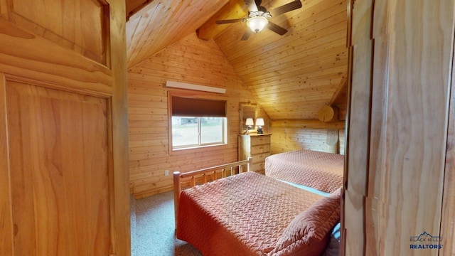 bedroom featuring vaulted ceiling with beams, carpet flooring, wood walls, ceiling fan, and wooden ceiling