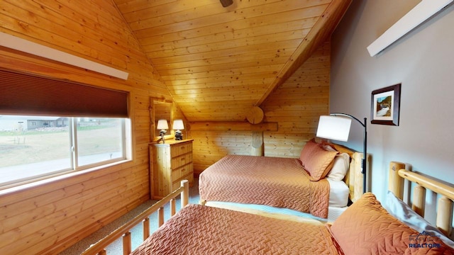 bedroom with lofted ceiling, wood walls, and wood ceiling