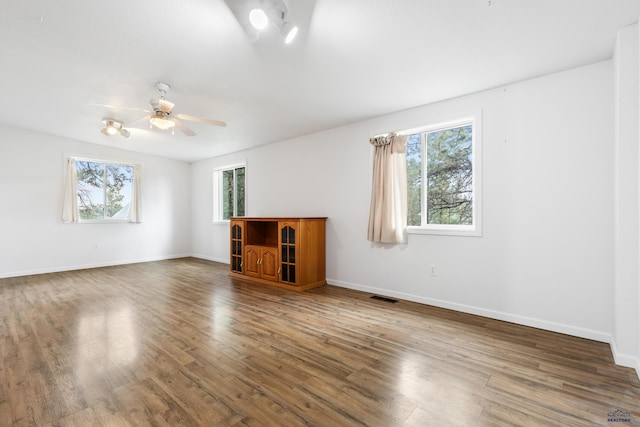 spare room featuring a wealth of natural light, ceiling fan, and dark hardwood / wood-style flooring