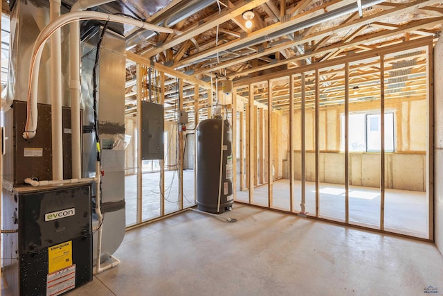 basement with water heater, electric panel, and heating unit