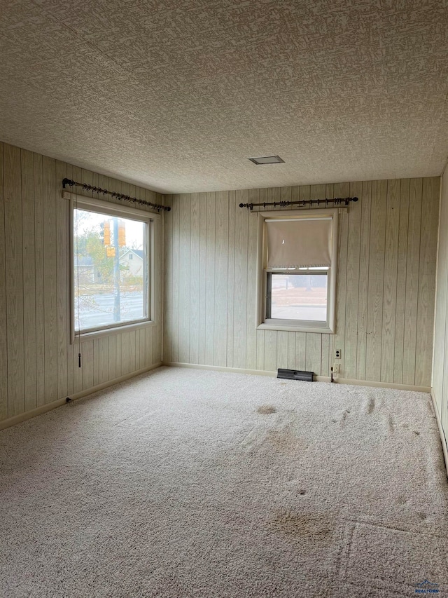 unfurnished room with wood walls, a textured ceiling, and carpet floors