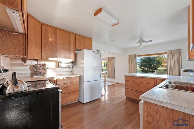 kitchen featuring sink, ceiling fan, electric range, white fridge, and light hardwood / wood-style flooring