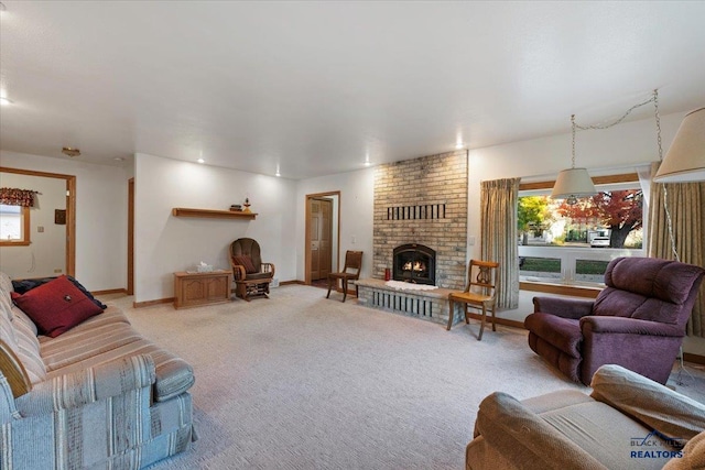 living room with a fireplace and light colored carpet