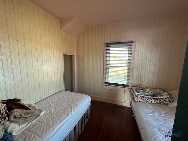 bedroom featuring vaulted ceiling and dark hardwood / wood-style floors