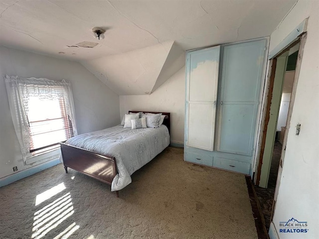 carpeted bedroom featuring lofted ceiling