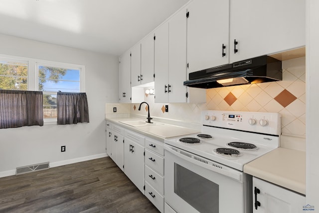 kitchen with white electric range oven, white cabinetry, backsplash, dark hardwood / wood-style flooring, and sink