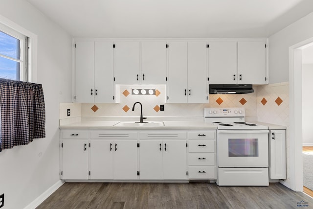 kitchen featuring hardwood / wood-style floors, white cabinets, sink, and white range with electric stovetop