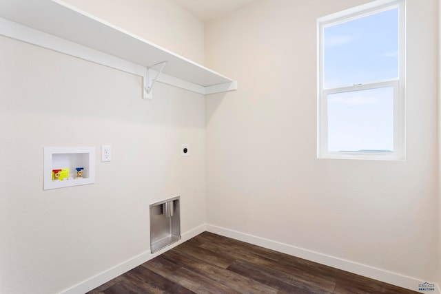 laundry room featuring laundry area, baseboards, dark wood finished floors, hookup for a washing machine, and electric dryer hookup