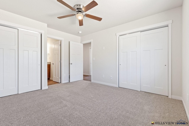 unfurnished bedroom with light colored carpet and ceiling fan