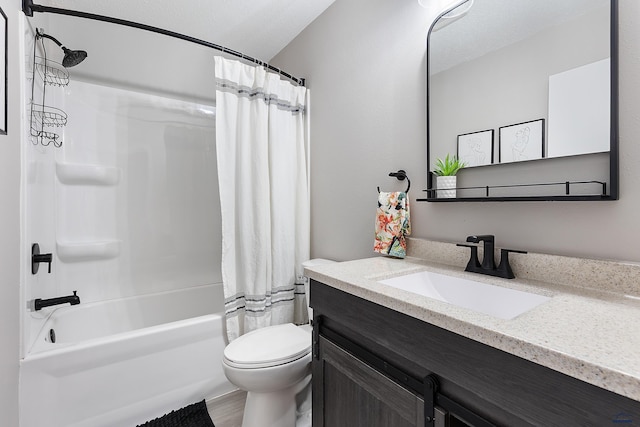 full bathroom with hardwood / wood-style floors, vanity, shower / bath combo, and toilet