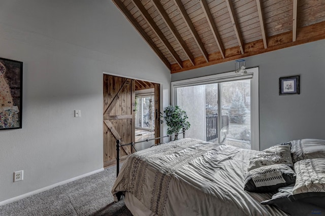 unfurnished bedroom with access to exterior, carpet floors, a barn door, high vaulted ceiling, and wooden ceiling