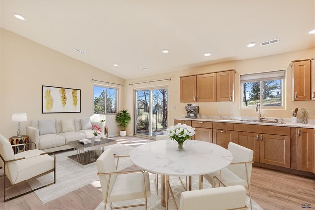 kitchen with light hardwood / wood-style floors, sink, and vaulted ceiling