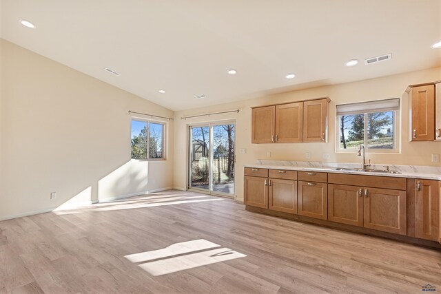 kitchen featuring light hardwood / wood-style floors, vaulted ceiling, and sink