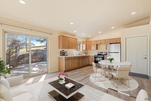 kitchen featuring appliances with stainless steel finishes, light wood-type flooring, vaulted ceiling, and sink