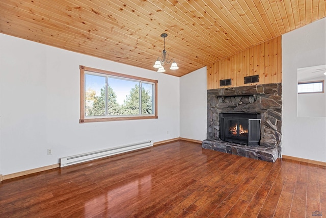 unfurnished living room featuring hardwood / wood-style flooring, wood ceiling, a fireplace, and a baseboard heating unit