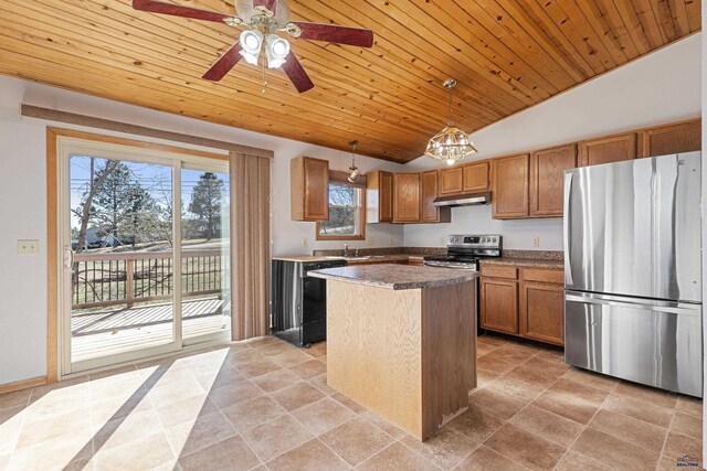 kitchen featuring a center island, hanging light fixtures, lofted ceiling, wood ceiling, and appliances with stainless steel finishes