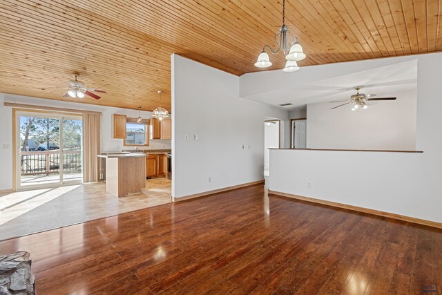 unfurnished living room featuring ceiling fan with notable chandelier, light wood-type flooring, lofted ceiling, and wood ceiling