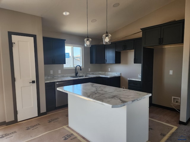 kitchen with light stone countertops, stainless steel dishwasher, sink, a kitchen island, and hanging light fixtures