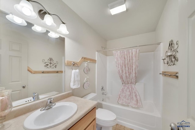 full bathroom with tile patterned flooring, vanity, toilet, and shower / bathtub combination with curtain